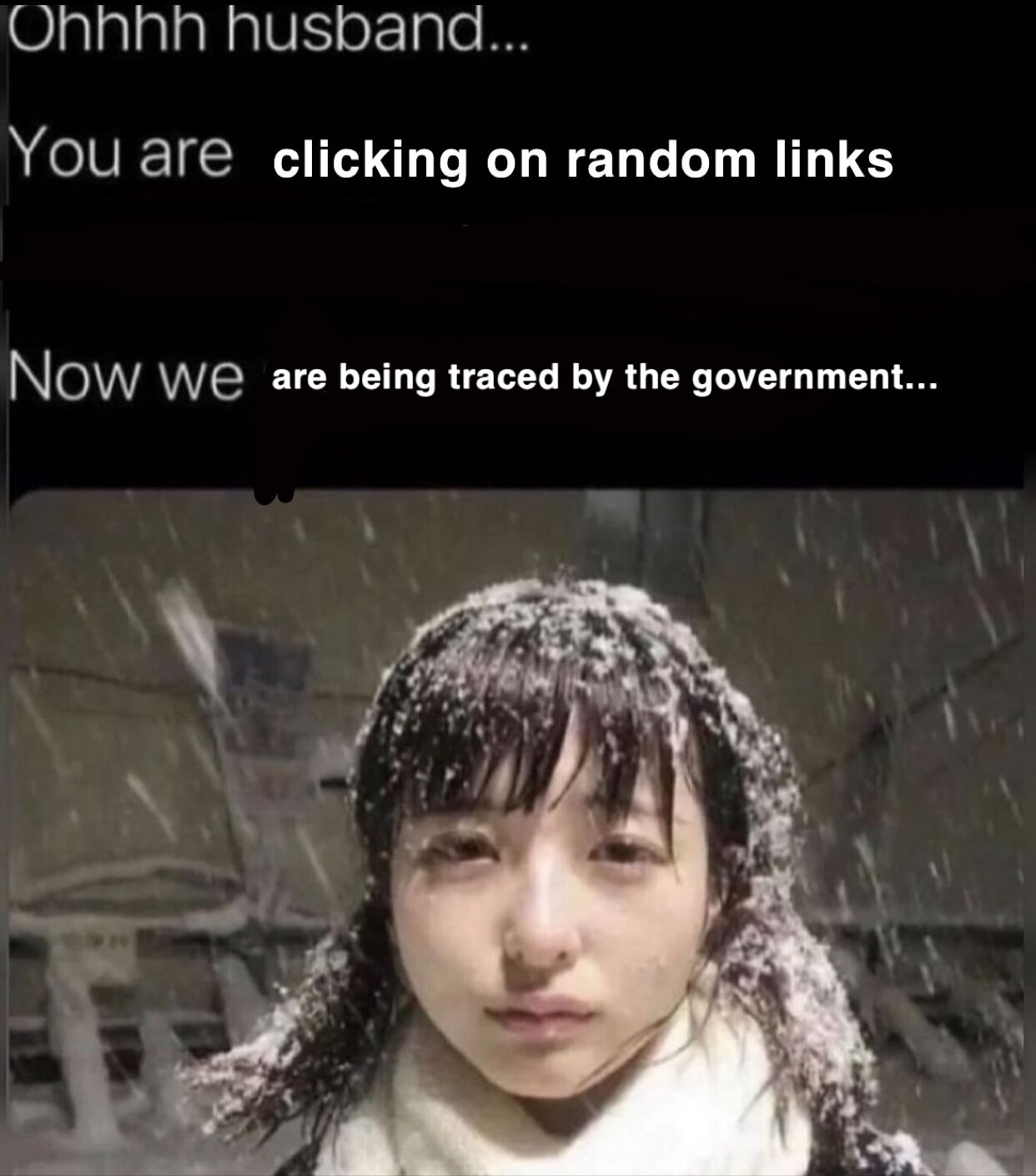 A cold woman in the snow looks sadly at the reader, expressing that clicking on digital links is what is causing them to be tracked by the government, making them lose their agency