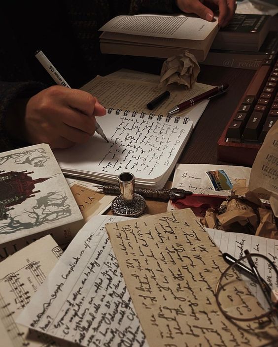 a woman writing on her notebook surrounded by scraps of other pieces of her work