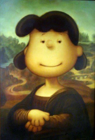 A picture of Lucy van Pelt from Charlie Brown reimagined to style of The Mona Lisa by Leonardo da Vinci.