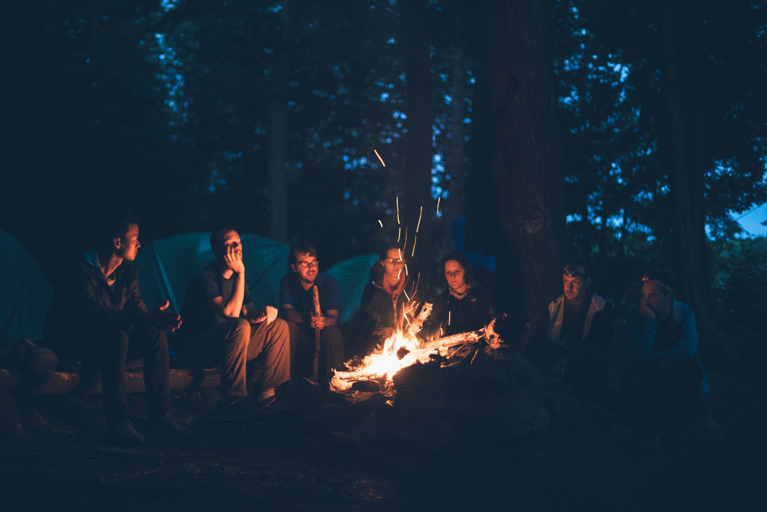 Seven people sitting around a campfire talking.