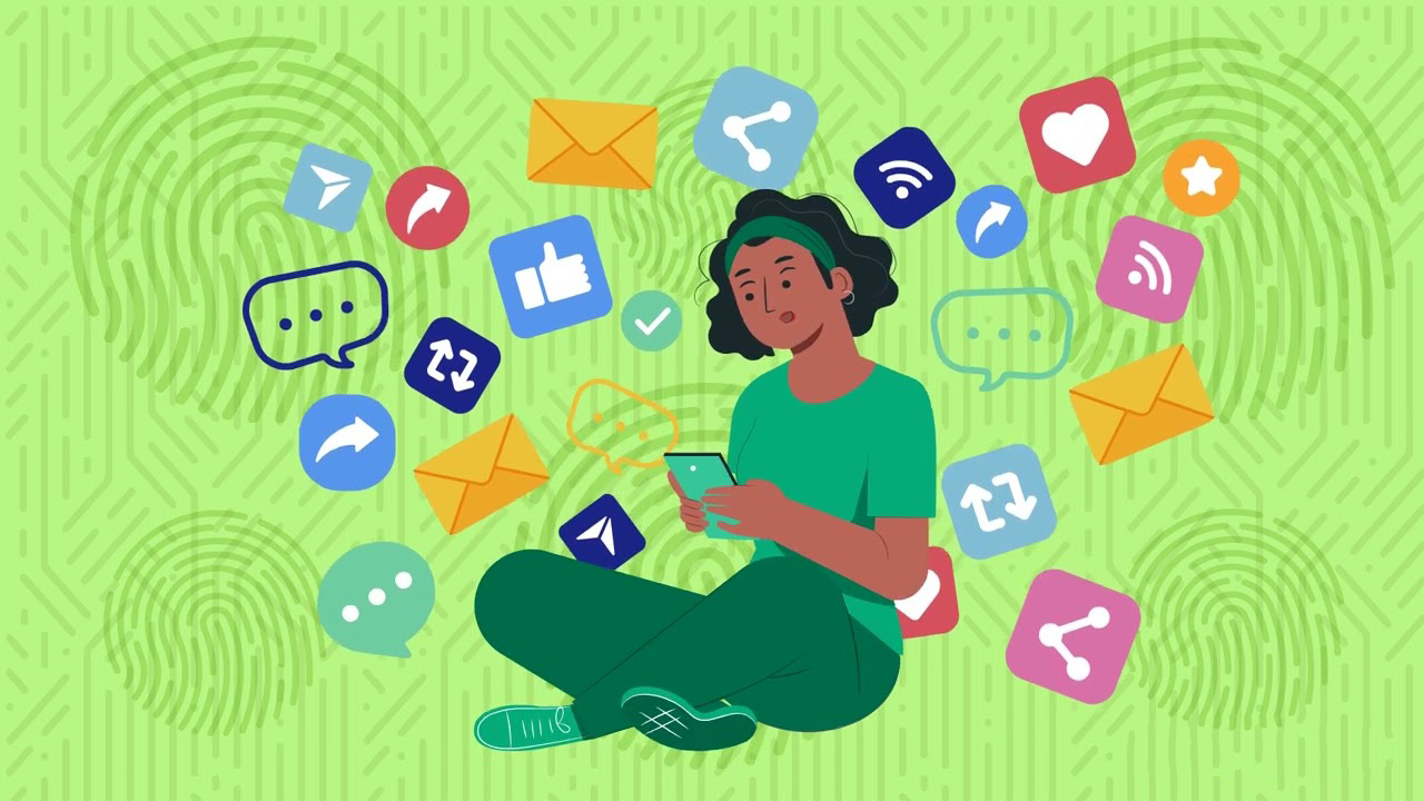 girl sitting crosslegged using a phone. social media and app icons are floating around her in various colors.