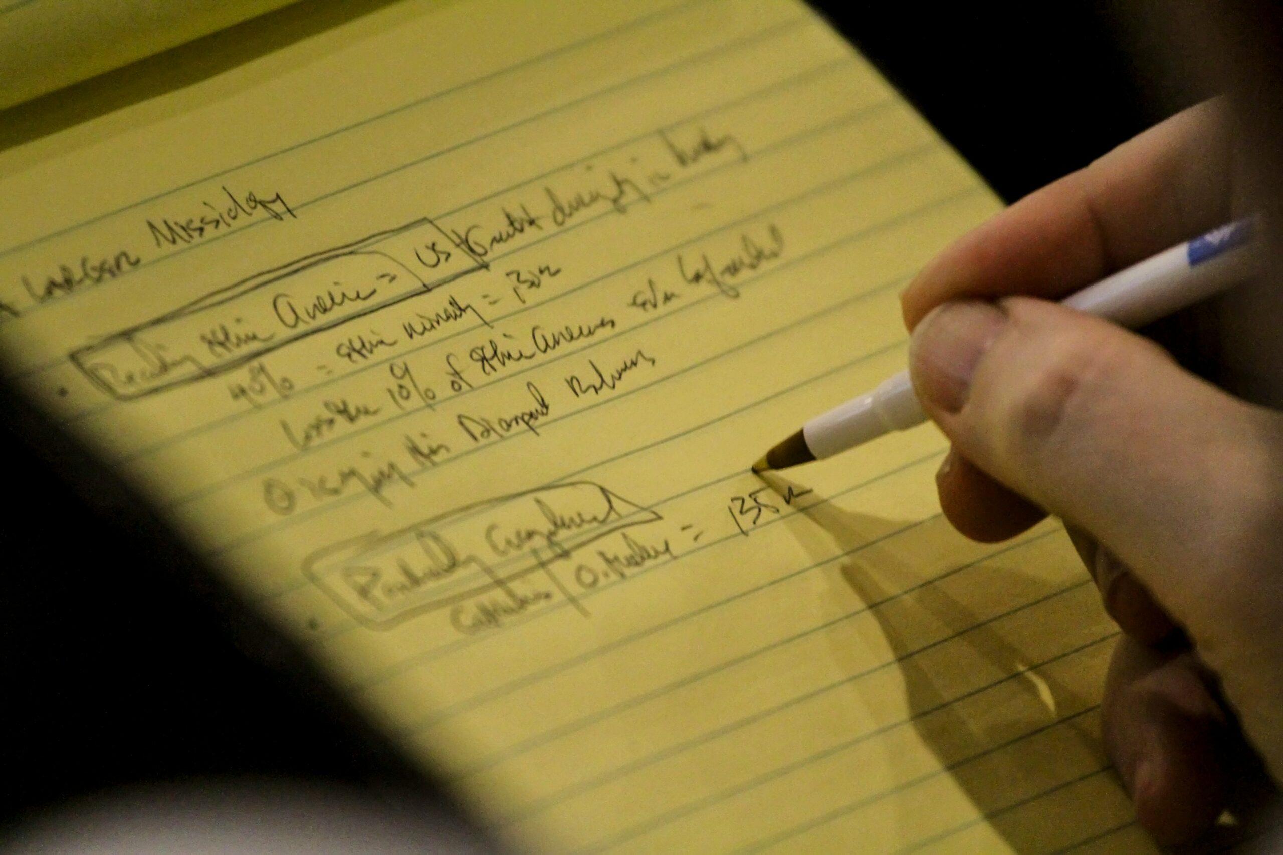 a notepad with writing