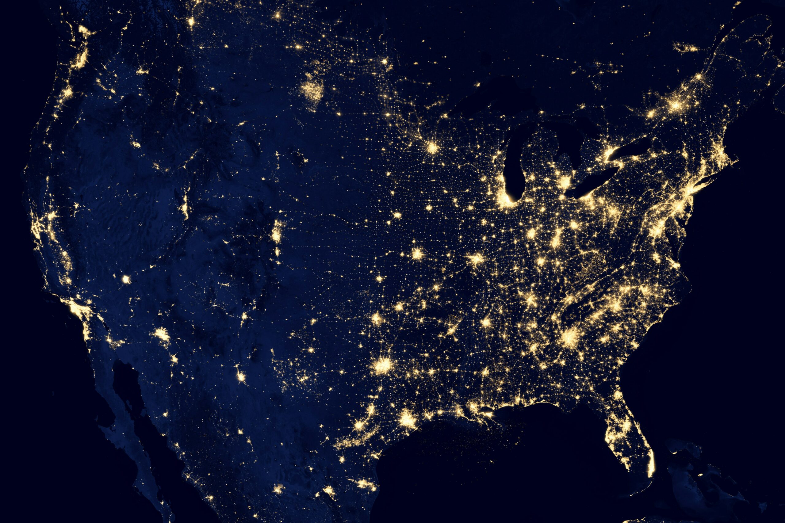 Right half of the map of the United States is lit up, and as it goes to the left it fades.