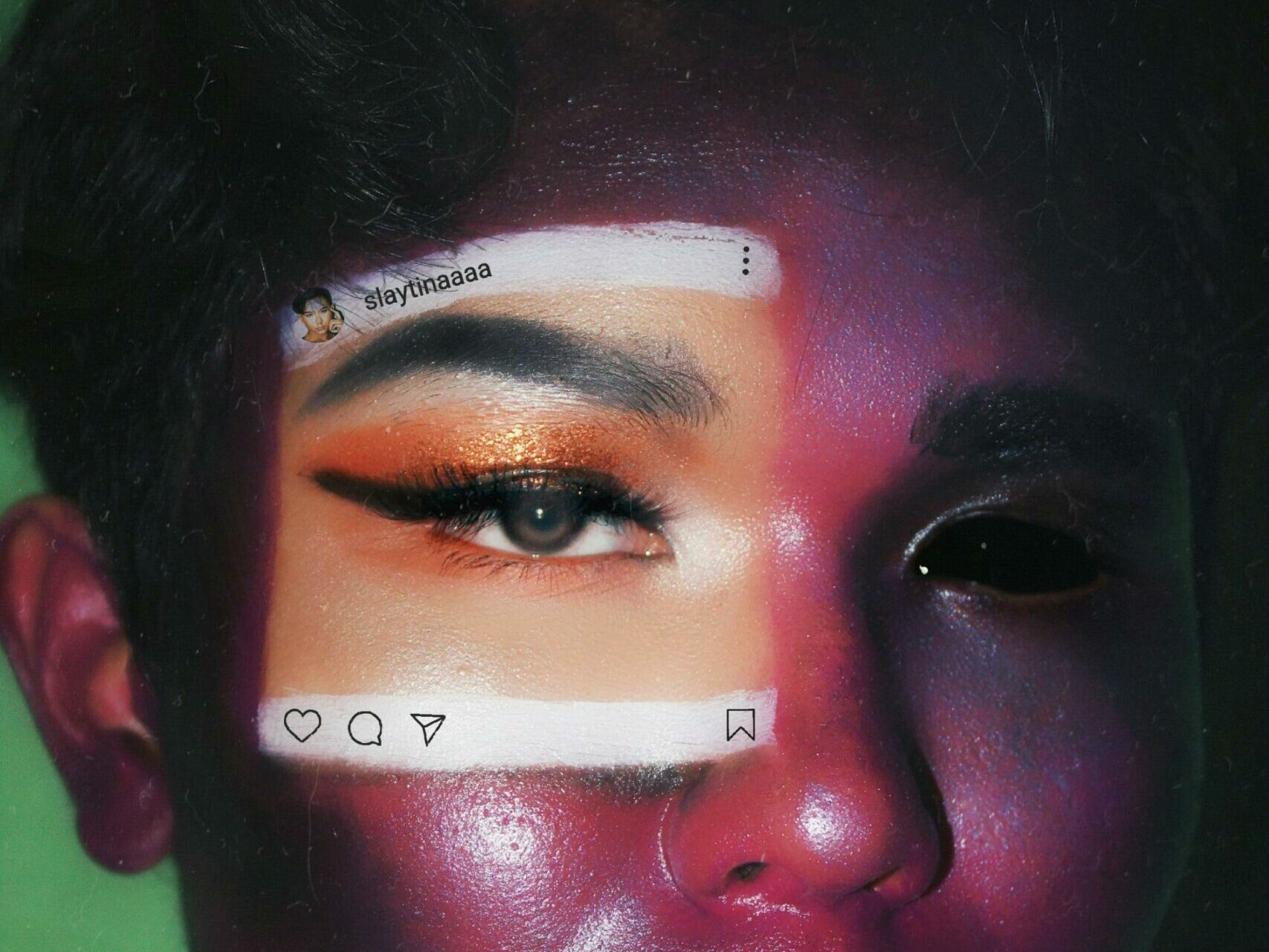 Cropped view of someone's eyes lit dramatically. An instagram post is painted on one side of the face.