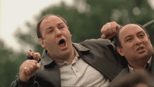 Tony Soprano cheering happily. Gabagool!