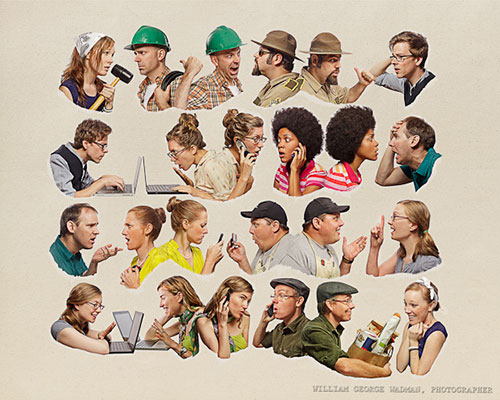 A myriad of different people shown communicating with one another.