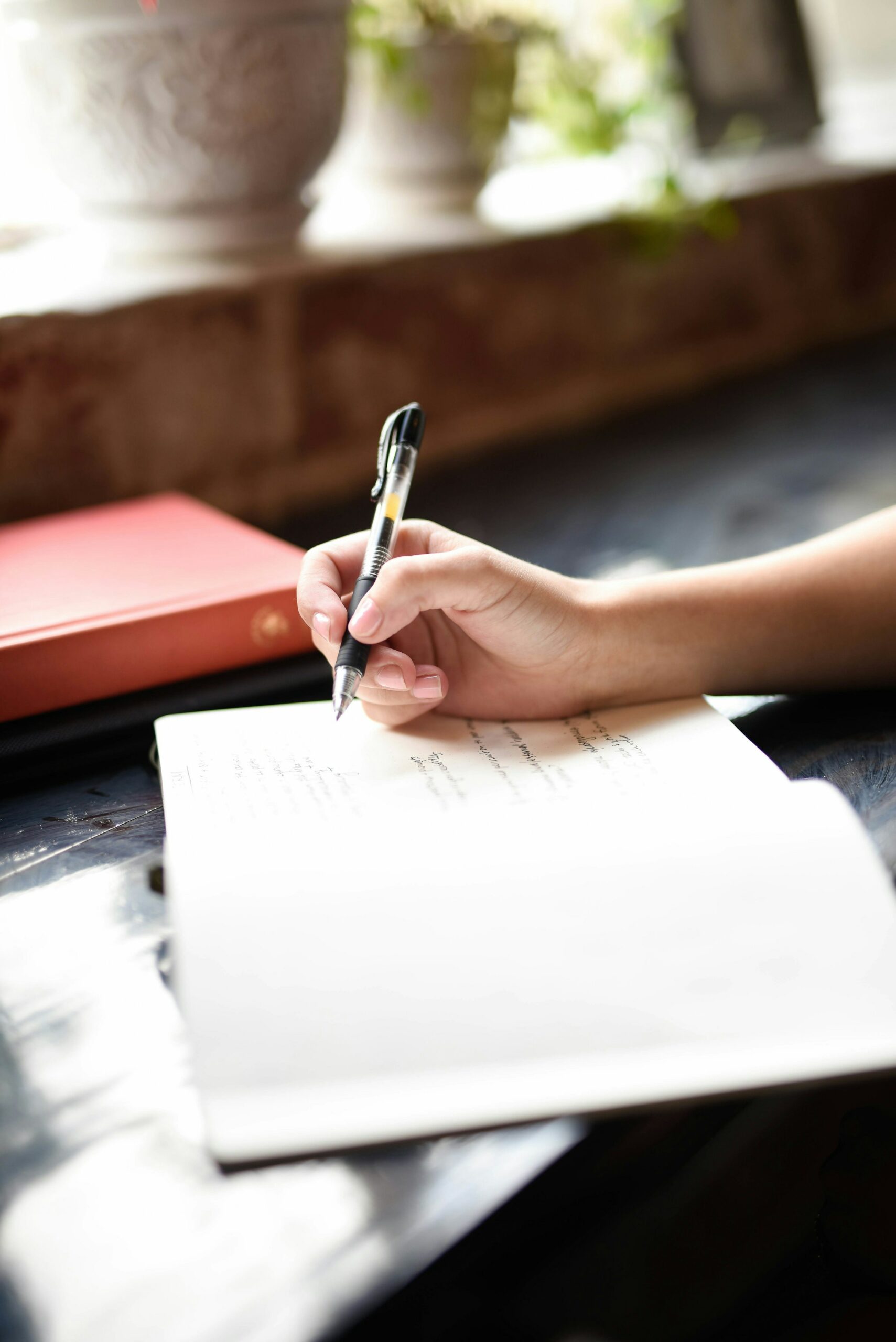 The image shows a person writing in their journal.