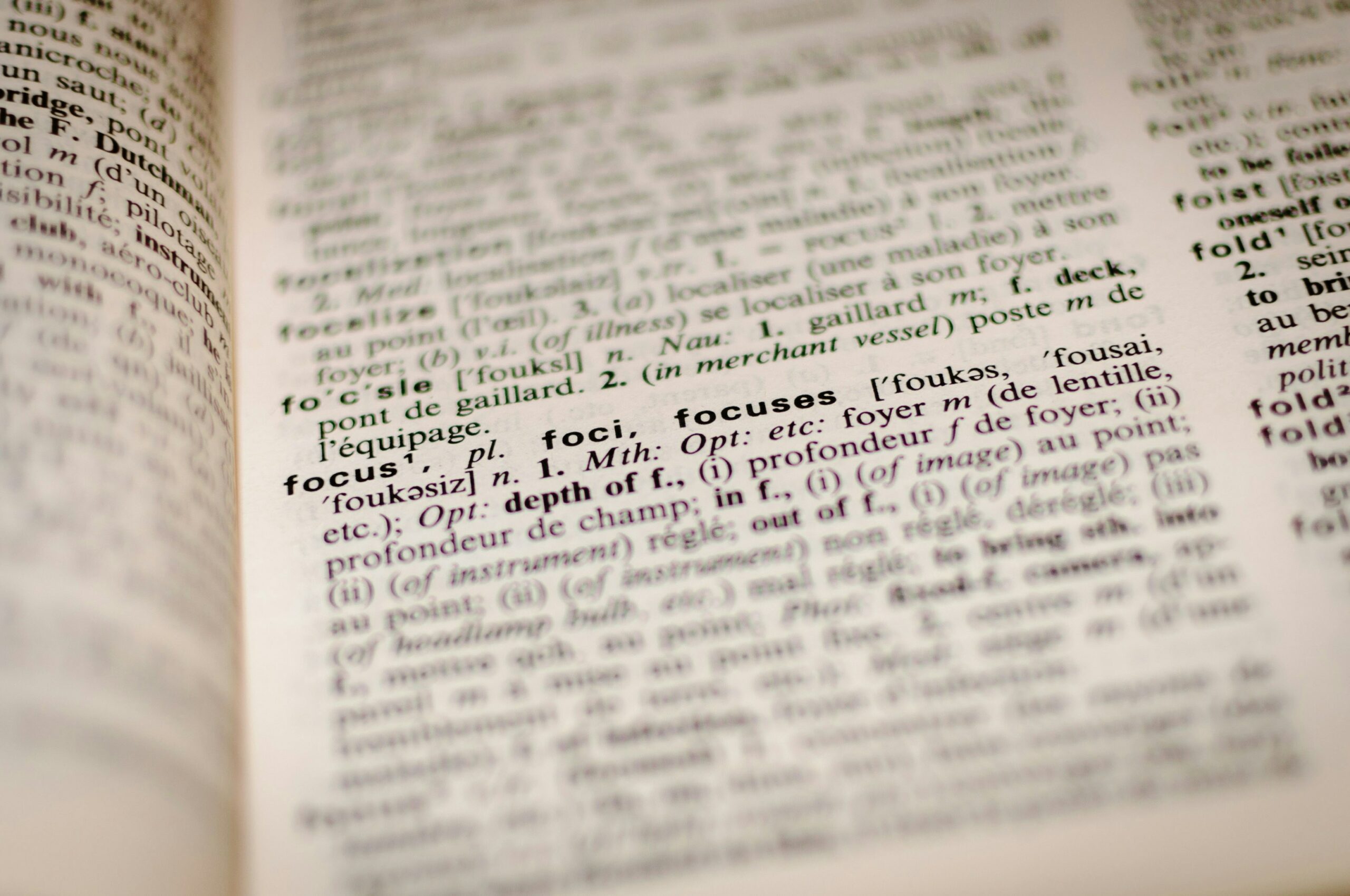 A page with text featuring the definition of "focus."