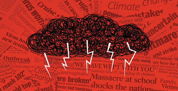 A cloud with lightening bolts represent frustrated thoughts and overwhelm in response to hypermediacy, too much media being consumed at once. Its set against a red background overlaying newspaper clippings with stress-including headlines.