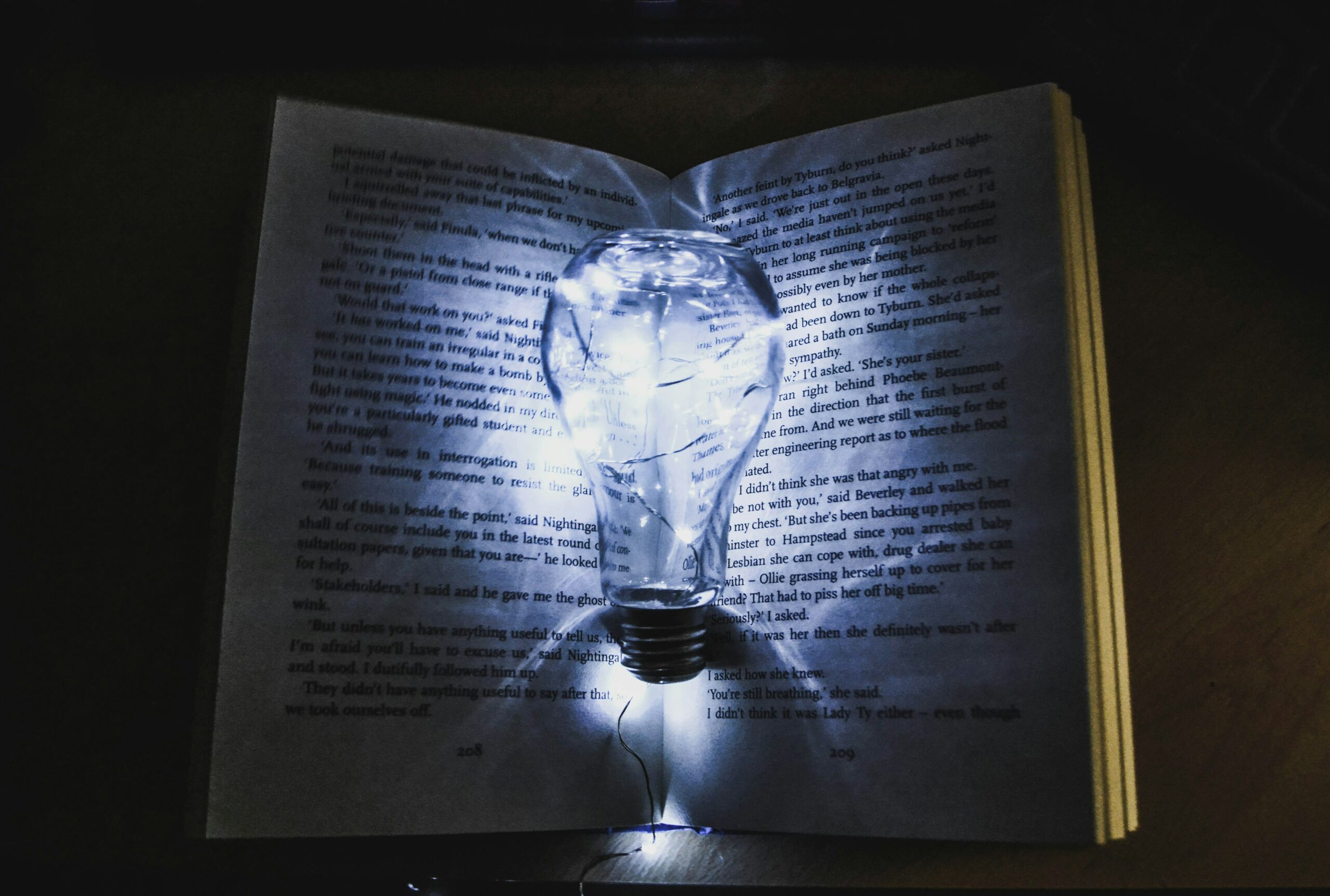 A lightbulb on top of a book.