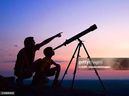 Two men look at the sky through a telescope, thus interpreting the visual rhetoric of nature itself.