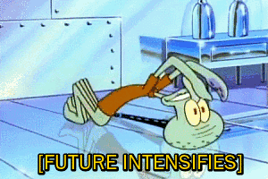GIF of Squidward lying on a chrome sprayed floor, having a meltdown about how futuristic this alternate reality is.