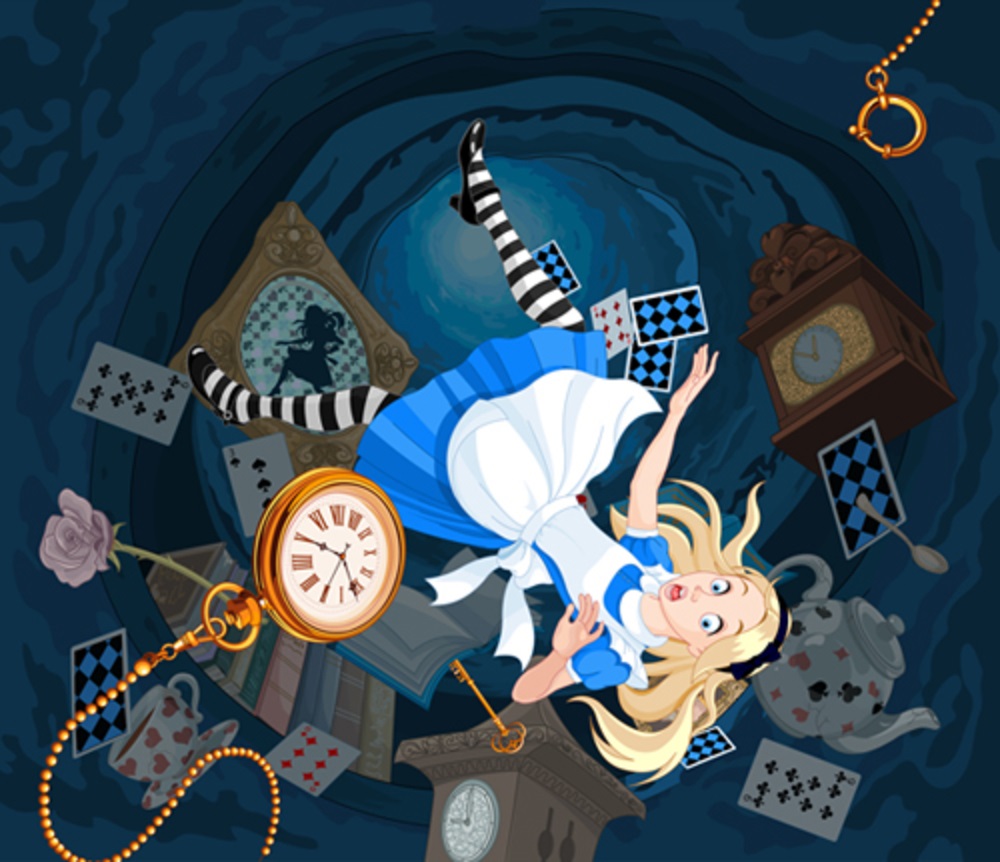 this is a picture of alice and wonderland falling down the rabbit hole