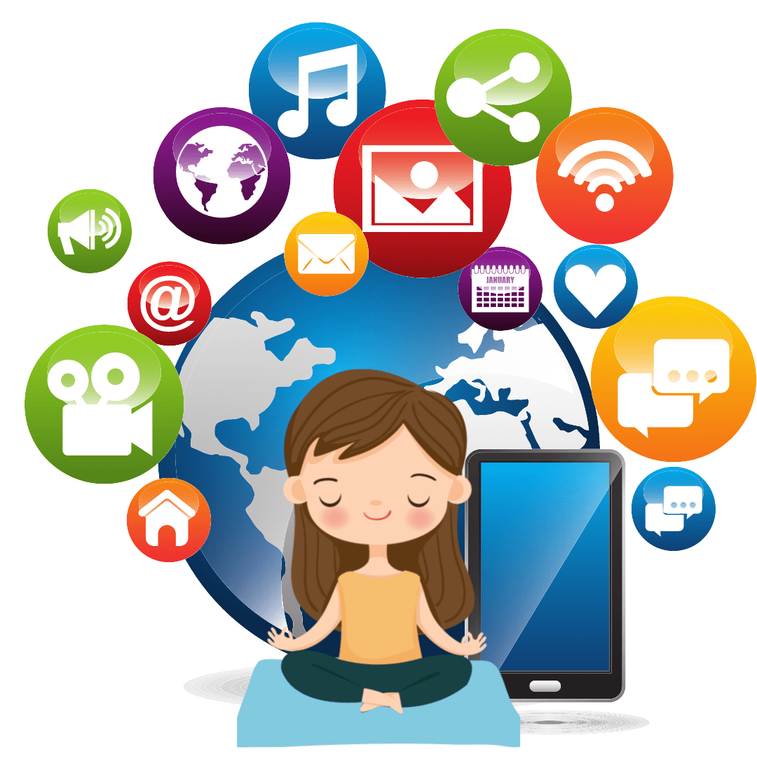 A girl sitting with a phone beside her displaying different media apps, symbolizing digital literacy and online communication.