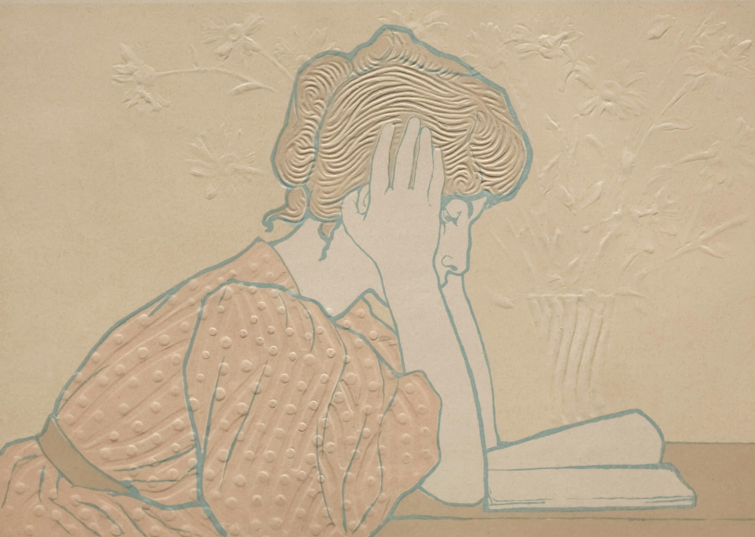 In the photo, there is a women appearing to be in distress while reading a book.
