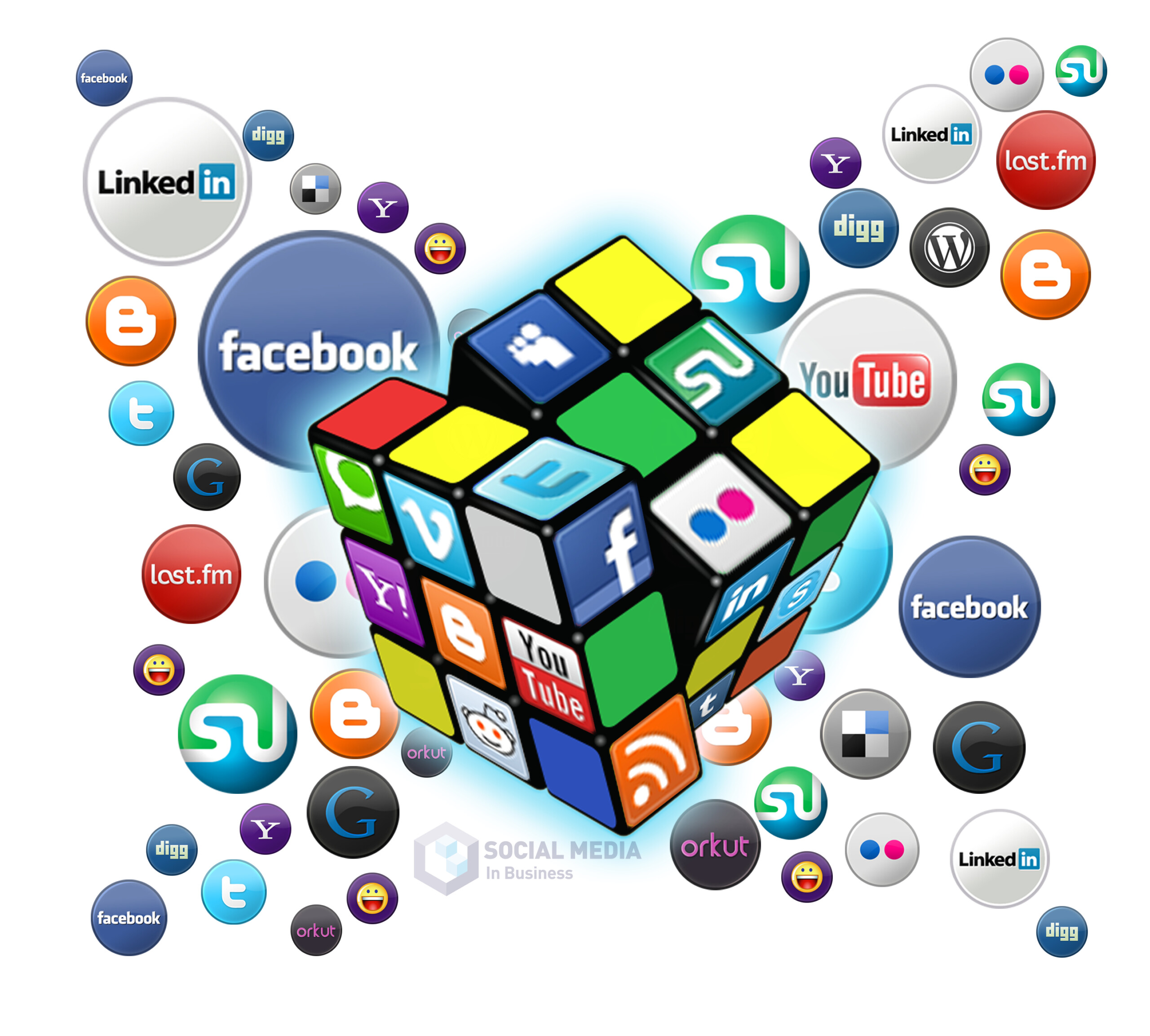 Rubik’s Cube made of social media logos like Facebook, YouTube, and Twitter surrounded by floating icons representing the interconnected world of new media communication.