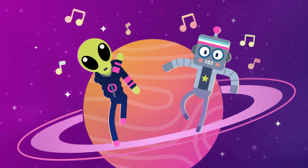 A cartoon alien and a friendly robot dance on the glowing rings of a pink planet, surrounded by music notes in a purple outer space background.