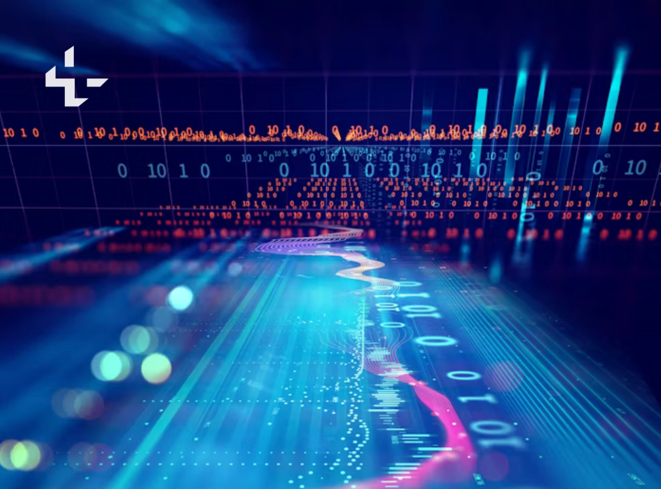 In this photo below is a picture of a colorful digital data visualization. The photo has binary code, glowing lines, and abstract graphs on a dark background