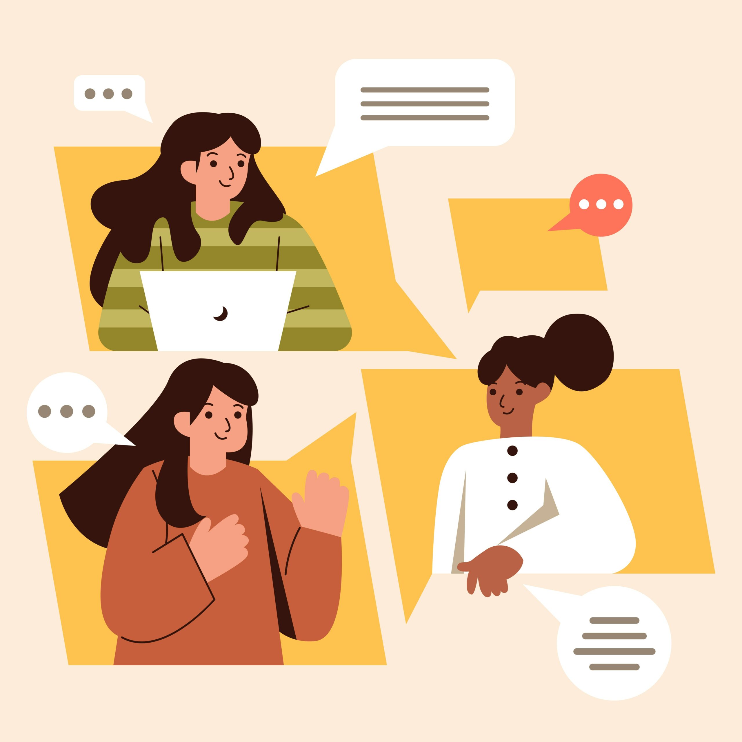 illustration of three girls with text bubbles communicating.