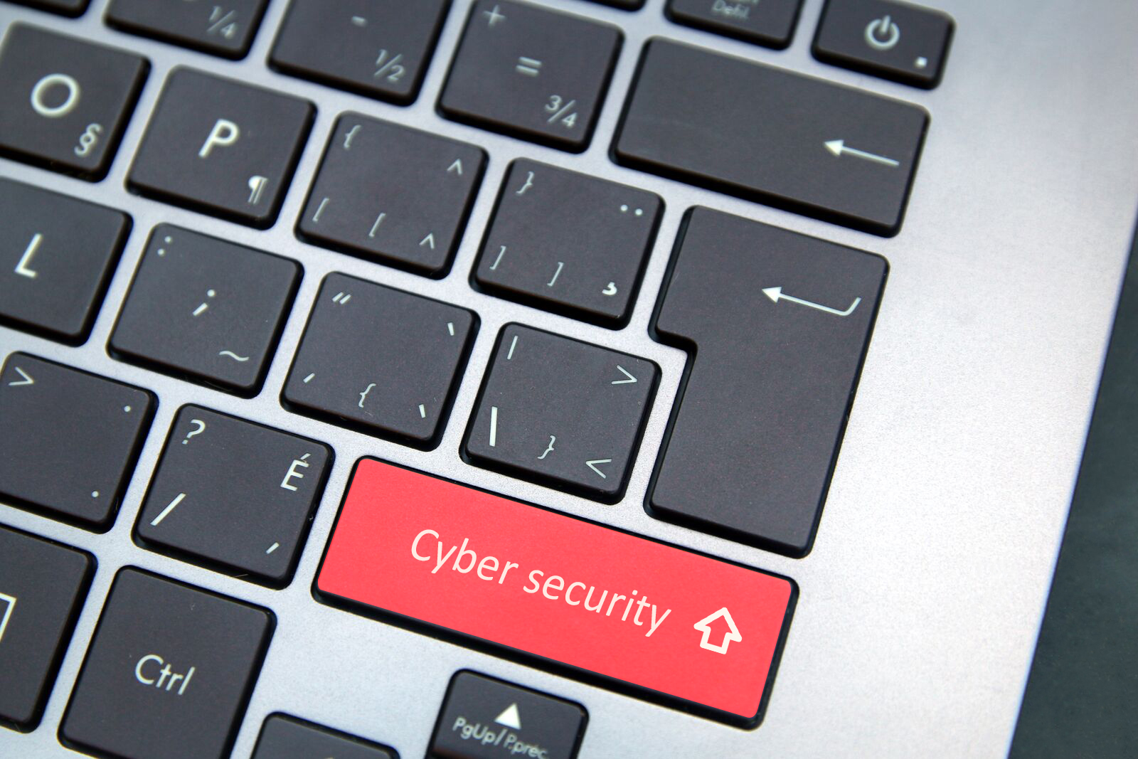 Computer keyboard with red cybersecurity button.